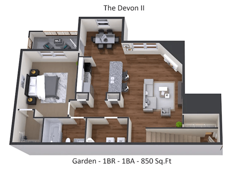 Floor plan for 1 bed, 1 bath, 850 sqft